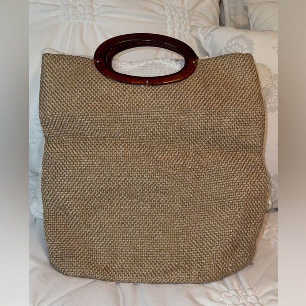 Vintage Handmade 60's 70's Tan Wool Woven Bag Purse Lucite Handles